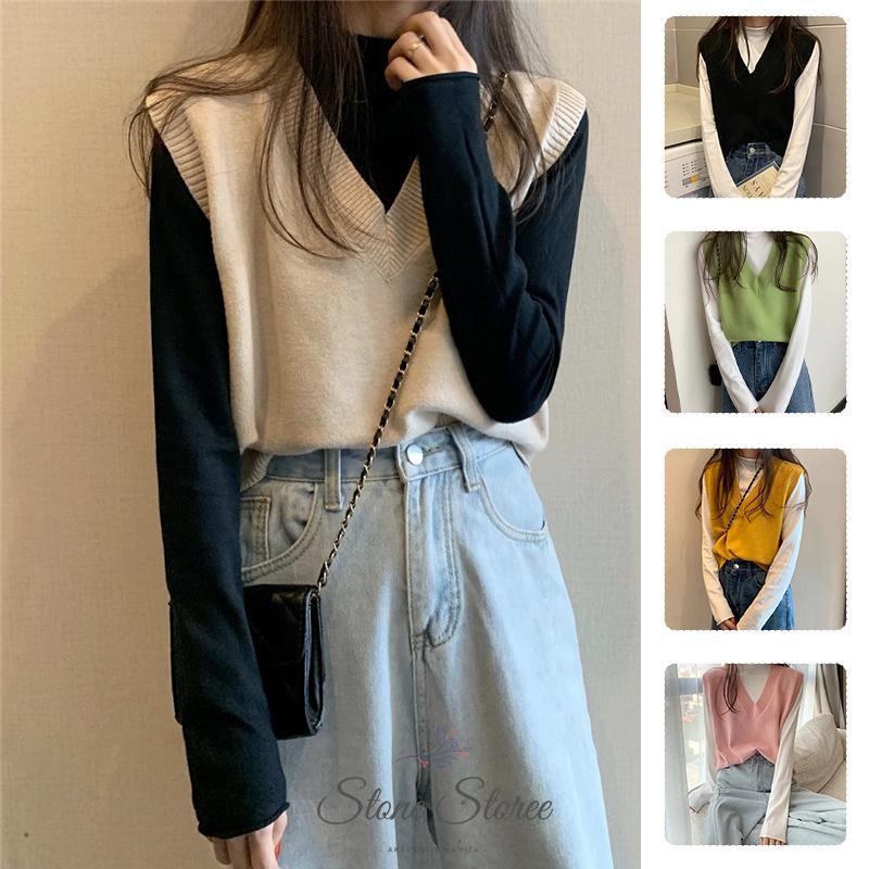 Knitwear Rompi Rajut Wanita Korea V-neck Vest Korea - Poliester - Kuning/Putih/Merah Jambu/Hijau/Hit