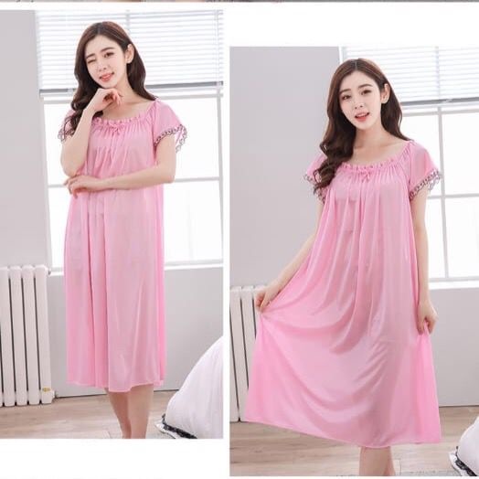 WJ760 Daster Baju Tidur Bahan Satin Brukat Lis Hitam Pita