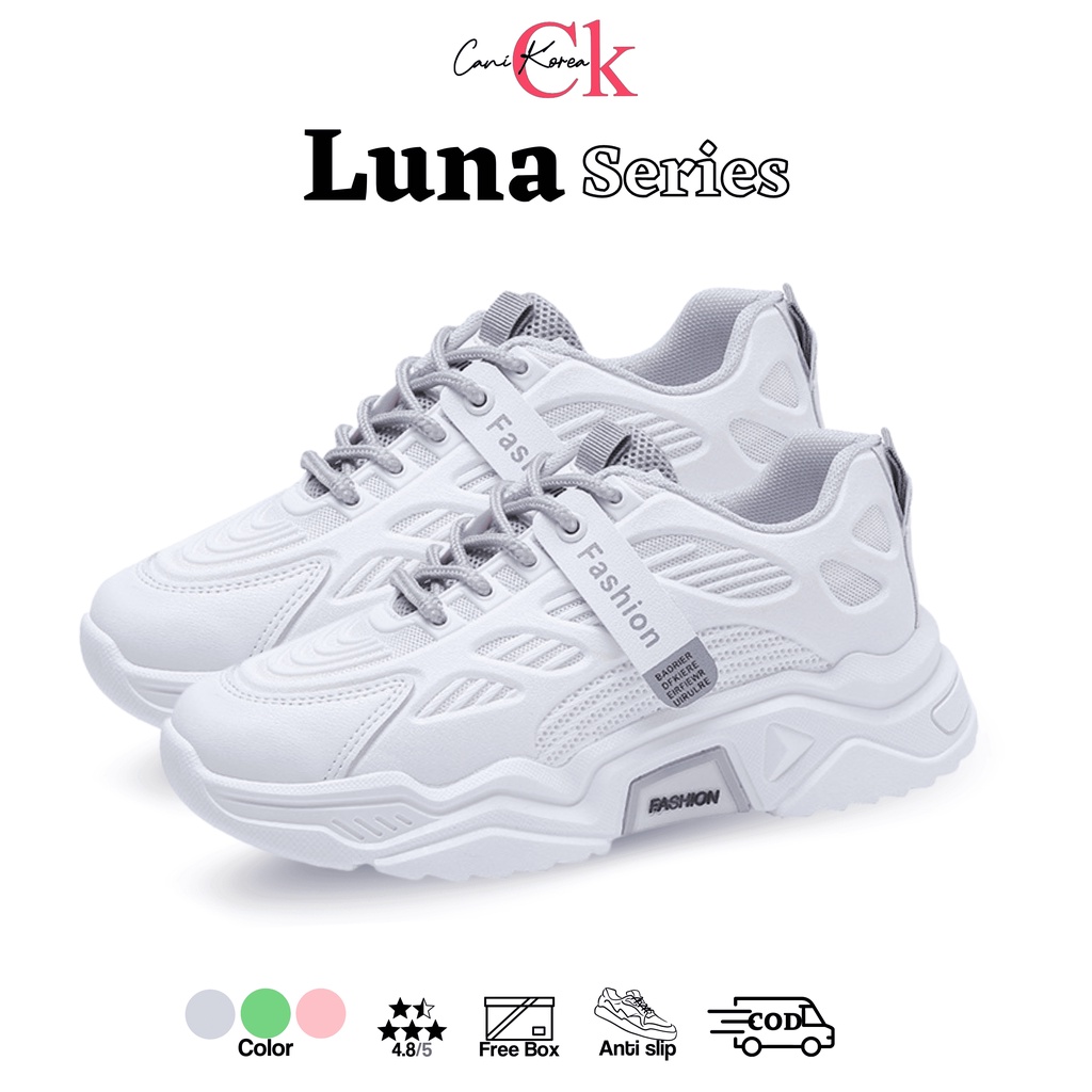 CaniKorea &quot;FREE BOX&quot; Size (37 - 42) Luna Sepatu Wanita Sneakers Trendy Bertali Fashion Sport Shoes Anti Slip Import Premium Quality 9015