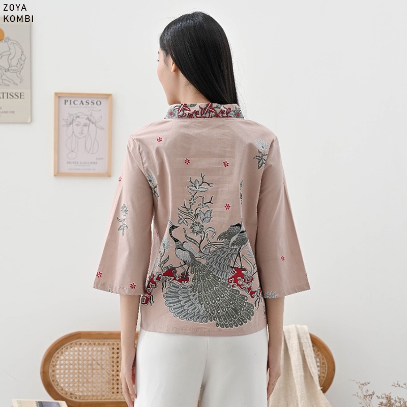 Evercloth Zoya Atasan Batik Lengan Panjang Wanita Model Kimono Blouse Batik Perempuan Baju Batik Cewek Katun Stretch Premium Batik Couple Family Set Burung Hong Merah Putih