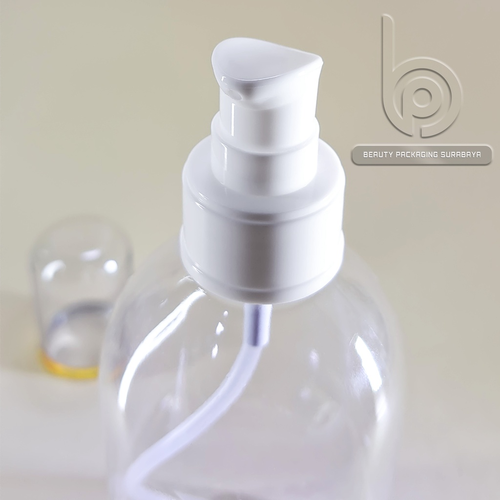 Botol plastik 250ml Oval bening tutup pump treatment FC Putih