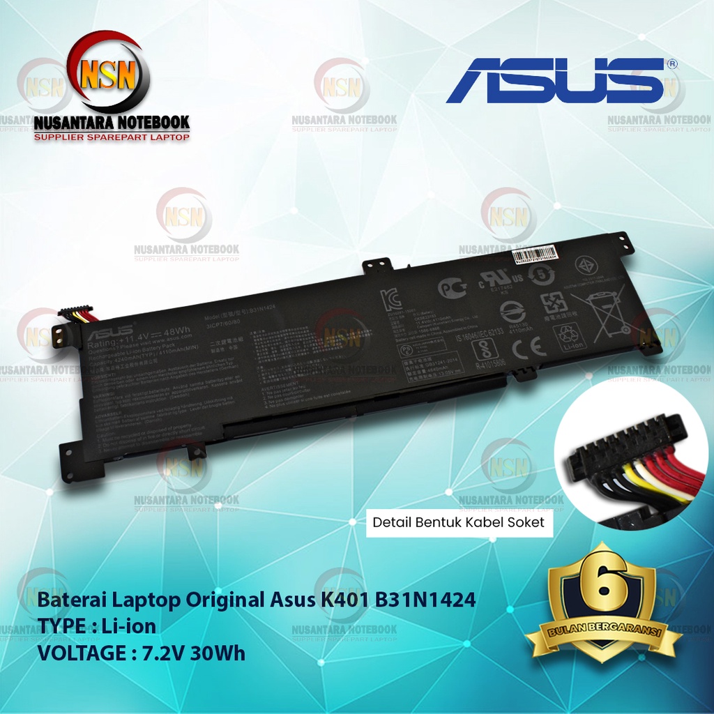 Baterai Original Laptop Asus K401 B31N1424 7.2V 30Wh