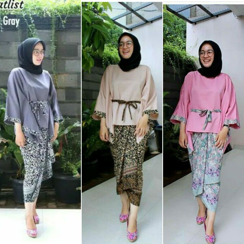 Set kebaya BATLIST/kebaya batwing tapi/rok lilit/kebaya wisuda/peach/grey/navy/maron/gold