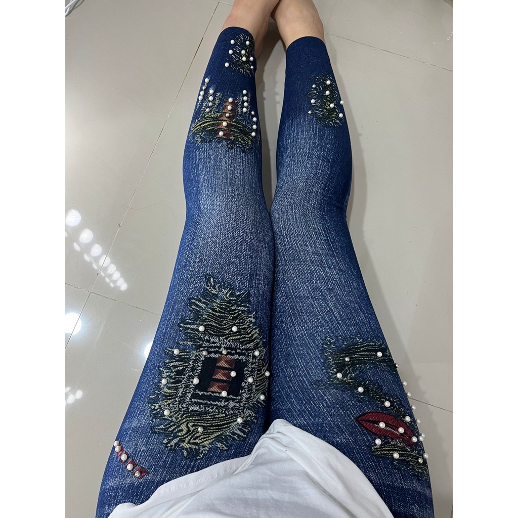 LEGGING JEANS MOTE IMPORT / LEGING DENIM MUTIARA / LEJING JEANS WANITA MOTIF BIBIR