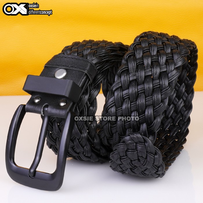 Ikat Pinggang Wanita Ban Pinggang kulit Pria Dan Wanita Gesper Rajut Sabuk Kepang 01 L 4cm - Hitam(P