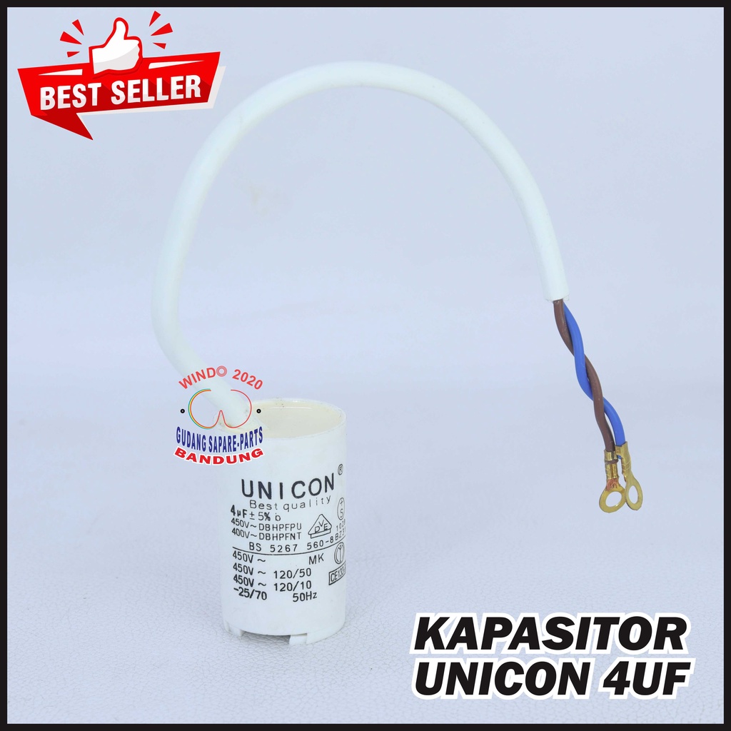 KAPASITOR 4UF BULAT SINGLE UNICON |  ELCO / CAPASITOR MESIN CUCI / POMPA AIR 4 UF MIKRO-FARAD