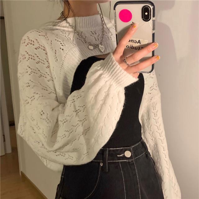 Suhao Putih Lengan Panjang Rajutan Sweater Blus Mantel One-Piece Musim Gugur Wanita Longgar Bagian Pendek Hollow Mahasiswa top Trendi