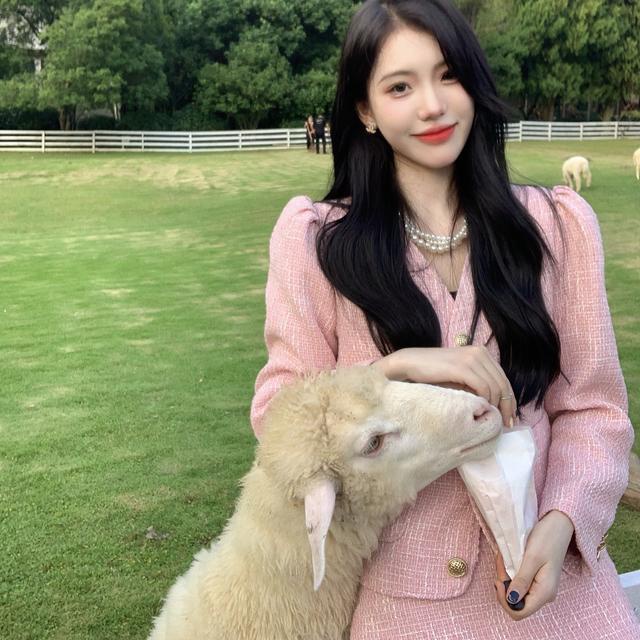 Setelan one-piece Suhao tepat ~ Setelan wewangian kecil merah muda dengan mantel pendek lengan kembung + set dua potong rok pinggang tinggi