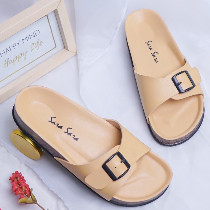 SARASARA YUK - Sandal Wanita Casual Model Slop Birken Sol Puyuh SARA SARA BILLY Sendal Cewek Sol Kulit Santai Singgle Strap Perrgi Gesper Empuk Ringan Size 36 37 38 39 40 Warna Yellow Kuning Selop Anti Slip Original Terbaru Shoes ORI Mall Official Store