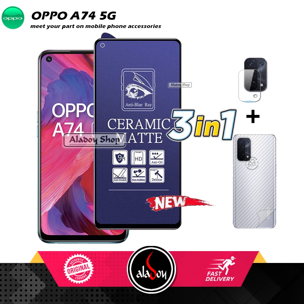 PAKET 3IN1 Anti Gores Blue Matte Anti Glare Oppo A74 5G + Tempered Glass Camera dan Skin Carbon