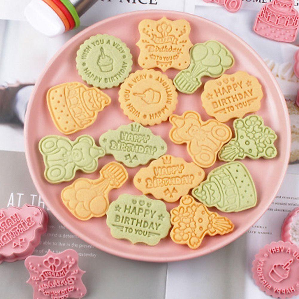 Solighter 8 Pcs/set 3D Happy Birthday DIY Makanan Fondant Cookie Cutter Baking Cetakan Plunger Kue Bunga