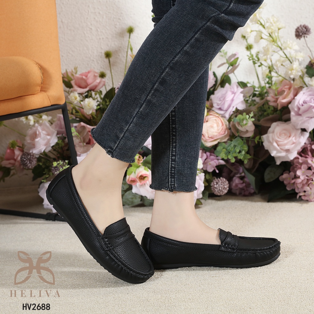 ALEYNA HELIVA Sepatu Bahan Kulit Tebal Togo Jeruk Loafers Ujung Bulat Polos Original Brand HV2688