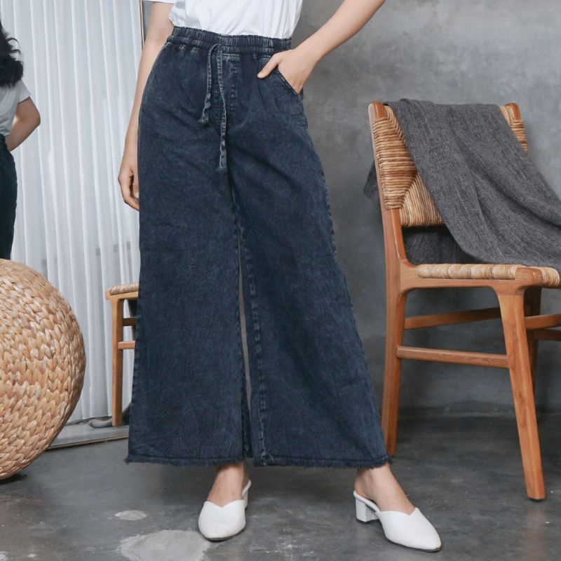 Kulot Jeans Snow Rawis Tali Pinggang HW Premium/Celana Jeans Black Panjang Wanita Premium/Korean Pan