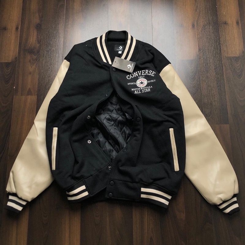 VARSITY LEATHER JACKET - CONVERSE ALL STAR CONS HITAM COMBY CREAM FULLTAG &amp; LABEL