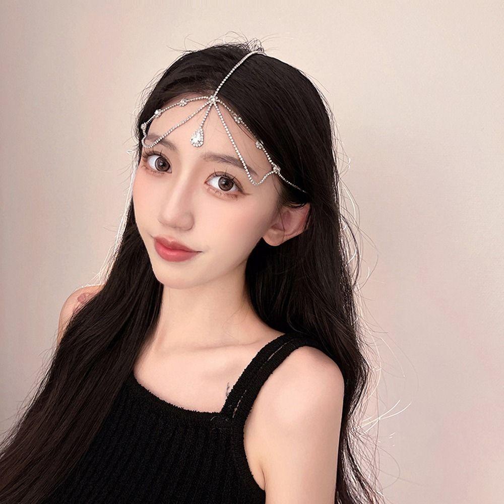 Needway Bohemia Bando Aksesoris Rambut Hadiah Untuk Gadis Retro Fashion Rambut Hoop Hanfu Hiasan Kepala Manis Headpiece Zirkon Tetesan Air Berlian Imitasi Pernikahan Bando Wanita Kepala Rantai