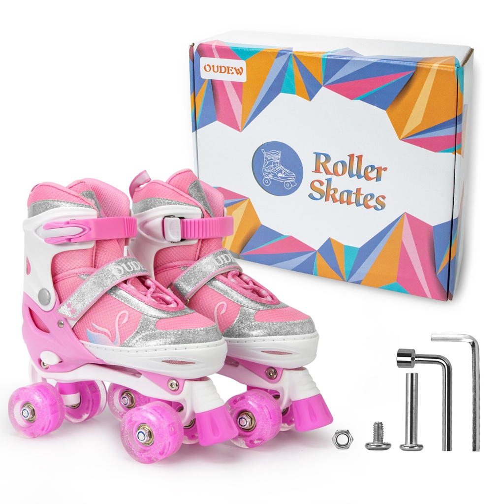 Oudew Girls Boys roda baris ganda Roller Skate Sepatu Roda Anak Pemula dengan Roda Bercahaya dan Ukuran yang Dapat Disesuaikan skotak hadiah kelas atas