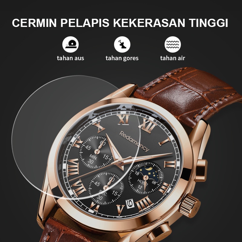 Redamancy Jam Tangan Pria Original Anti Air Kulit Tahan  Hitam Coklat Luxury Chronograph Watch Men Multifungsi