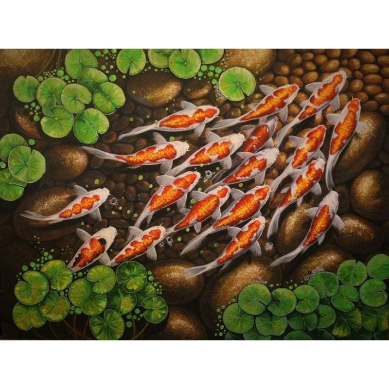 hiasan dinding lukisan cetak ikan koi Baris plus bingkai ukuran 85×55