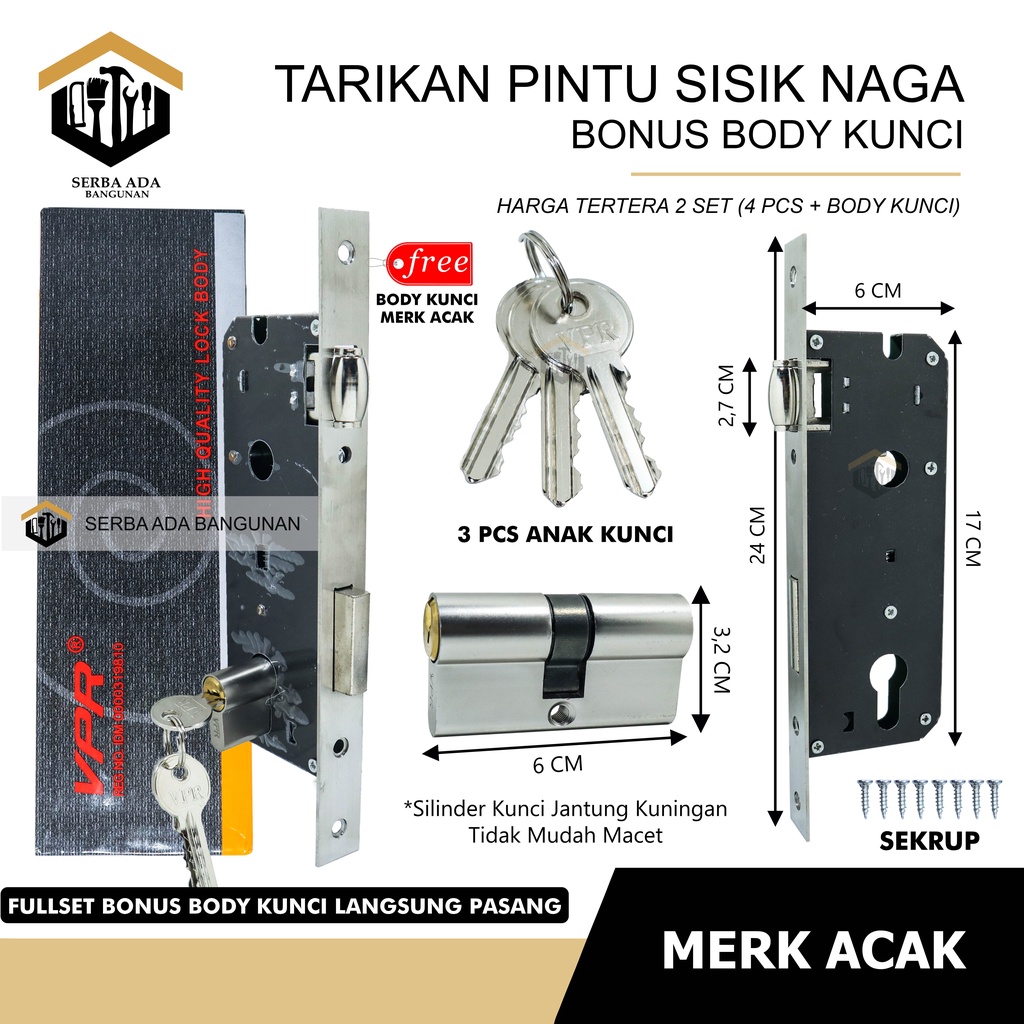 (PAKET PINTU TARIKAN SISIK NAGA) 1 set body kunci pintu + 4 pcs handle tarikan berkilau mewah elegan 35cm