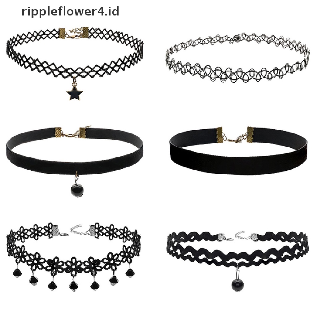 {rippleflower4.id} 6 Pcs Wanita Hitam Beludru Choker Kalung Gadis Renda Choker Tato Kalung Liontin~