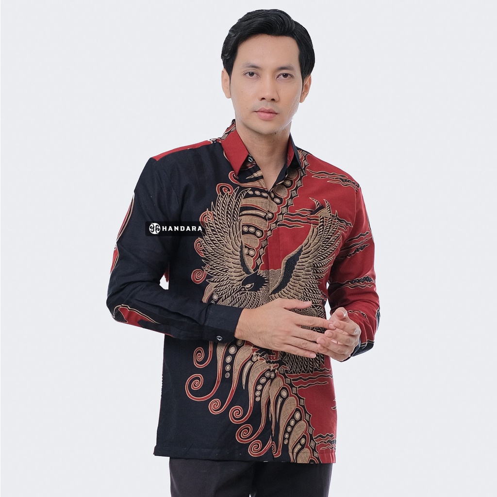 Baju Kemeja Batik Pria Lengan Panjang Slim Fit Premium Modern Full Furing Katun Halus Original Handara Motif Erlang Merah Hitam HB-290