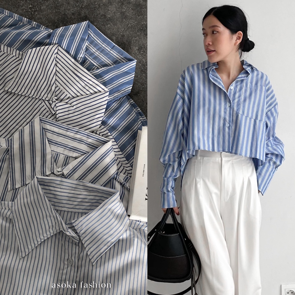 ASOKA  Theresa Shirt 2156 - Stripe Shirt Kemeja Crop Wanita - Kemeja Katun Salur Garis - Kemeja Oversize