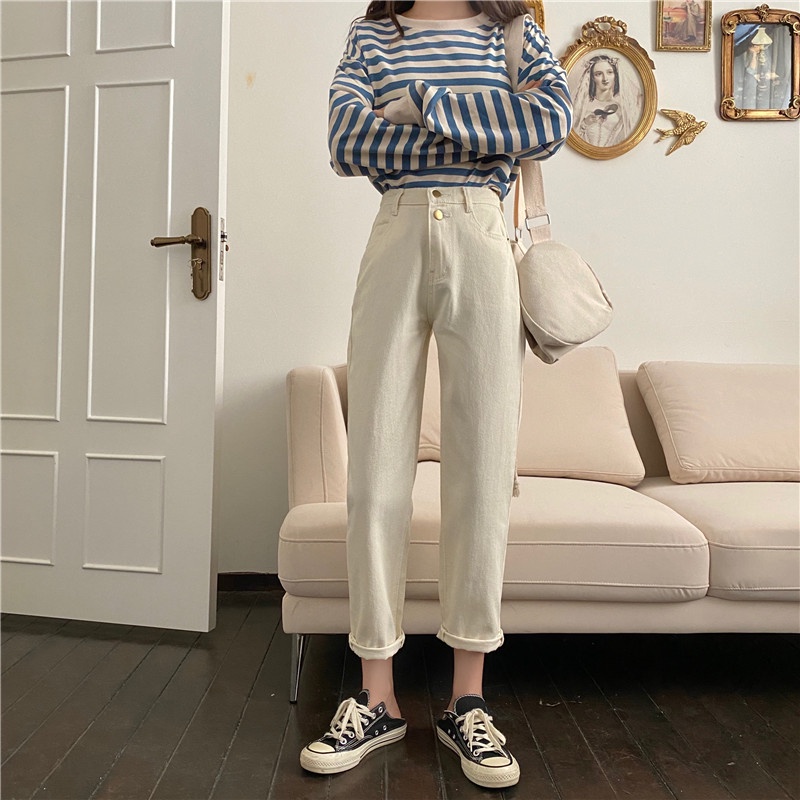 Krem Pinggang Karet Santai Boyfriend Jeans Wanita