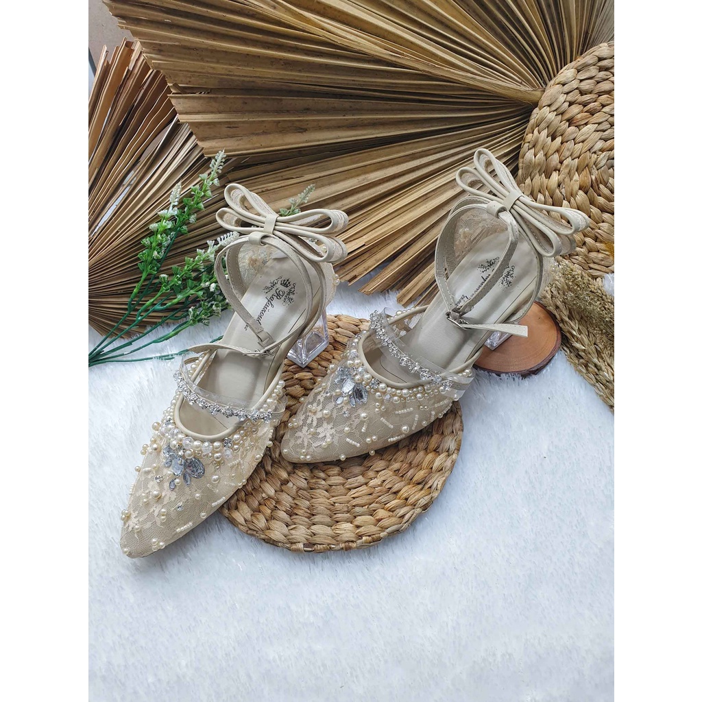sepatu wedding wanita zaneta cream 7cm kaca