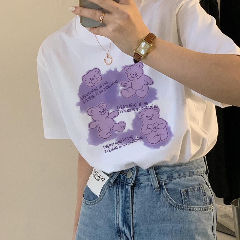 Print T-shirt Kaos Lengan Pendek Cute Purple Bear Oversize Korean Style
