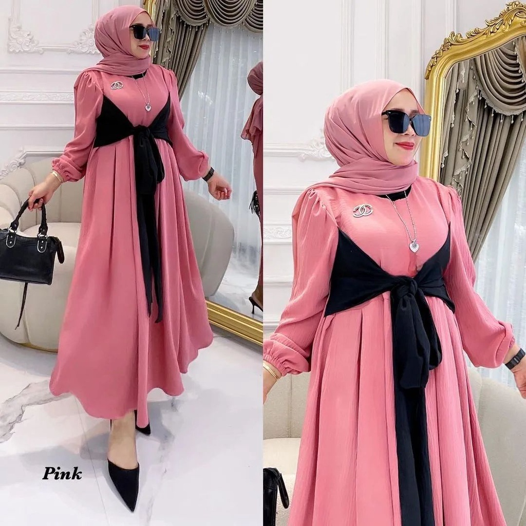 FITA DRESS BAHAN CRINKLE AIRFLOW PREMIUM MOTIF POLOS UKURAN M L XL LD 100  - 110 CM GAMIS WANITA TERBARU 2023 KEKINIAN ORIGINAL MEWAH BAJU DRESS WANITA MUSLIM MAXI DRESS JUMBO TERBARU DRESS FASHION WANITA TERBARU