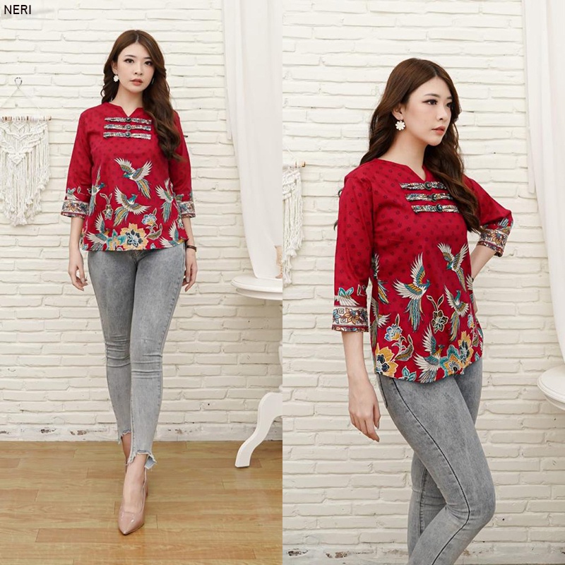 Evercloth Neri Blouse Wanita Atasan Wanita Batik Lengan Panjang Couple Top