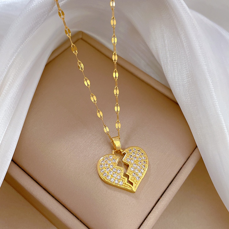 Titanium Steel Lapis Emas 18 K Cubic Zirconia Berlian Patah Hati Liontin Kalung Non Tarnish Gold Kalung Untuk Wanita Tahan Air Emas Liontin Kalung Hypoallergenic Aksesoris