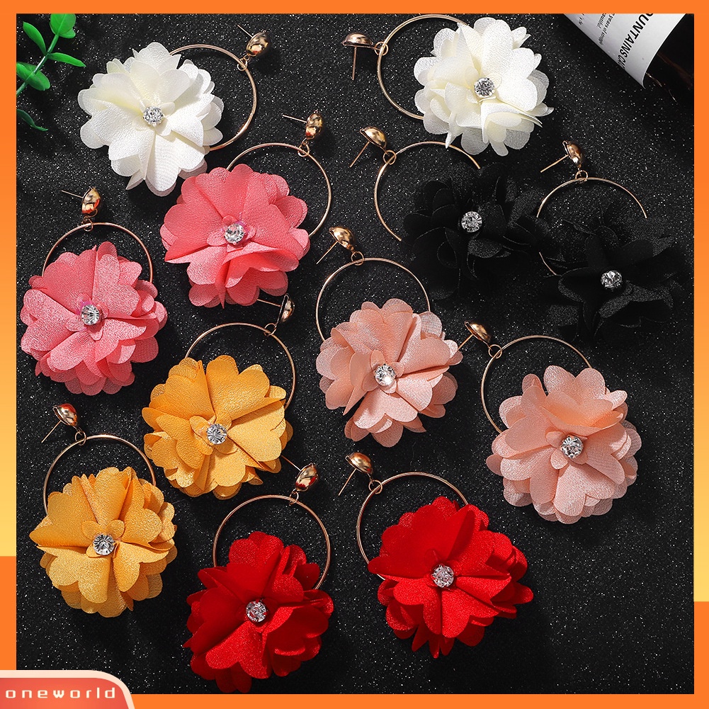 [WONE] Fashion Wanita Berlian Imitasi Bunga Bulat Menjuntai Ear Drop Earrings Perhiasan Hadiah