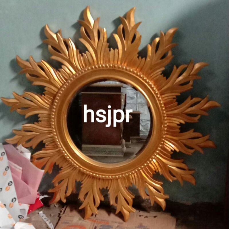 pigura cermin bulat TEBAL kayu jati model rumput