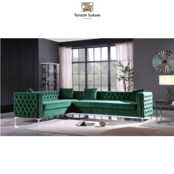 SOFA RUANG TAMU MINIMALIS MODERN LETTER L KAYU JATI WARNA HIJAU BEST SELLER