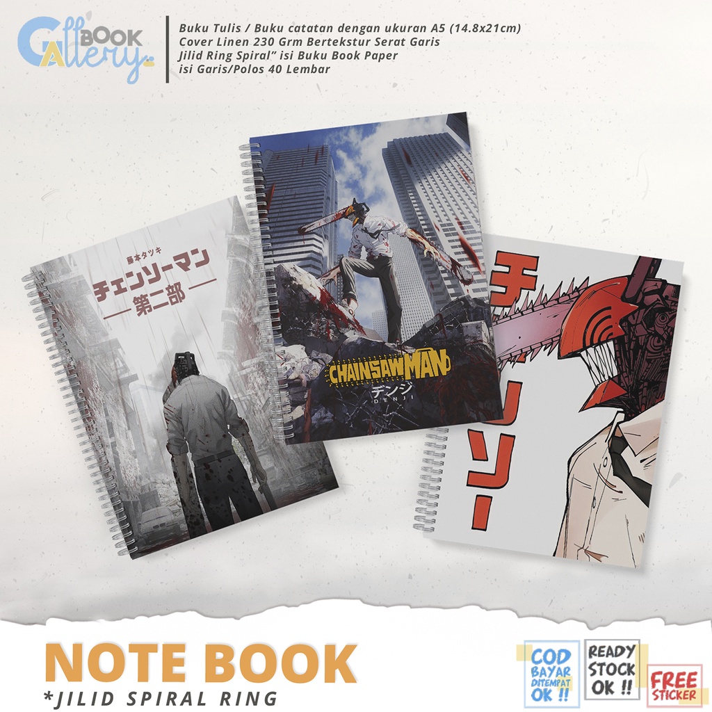 

[SP] Buku Tulis / Buku Catatan / Note book Anime Chainsaw Man, Denji Jilid Ring Spiral Dengan isi Book Paper Garis/Polos 50 Lembar Free Poster dan Stiker Ukuran A5