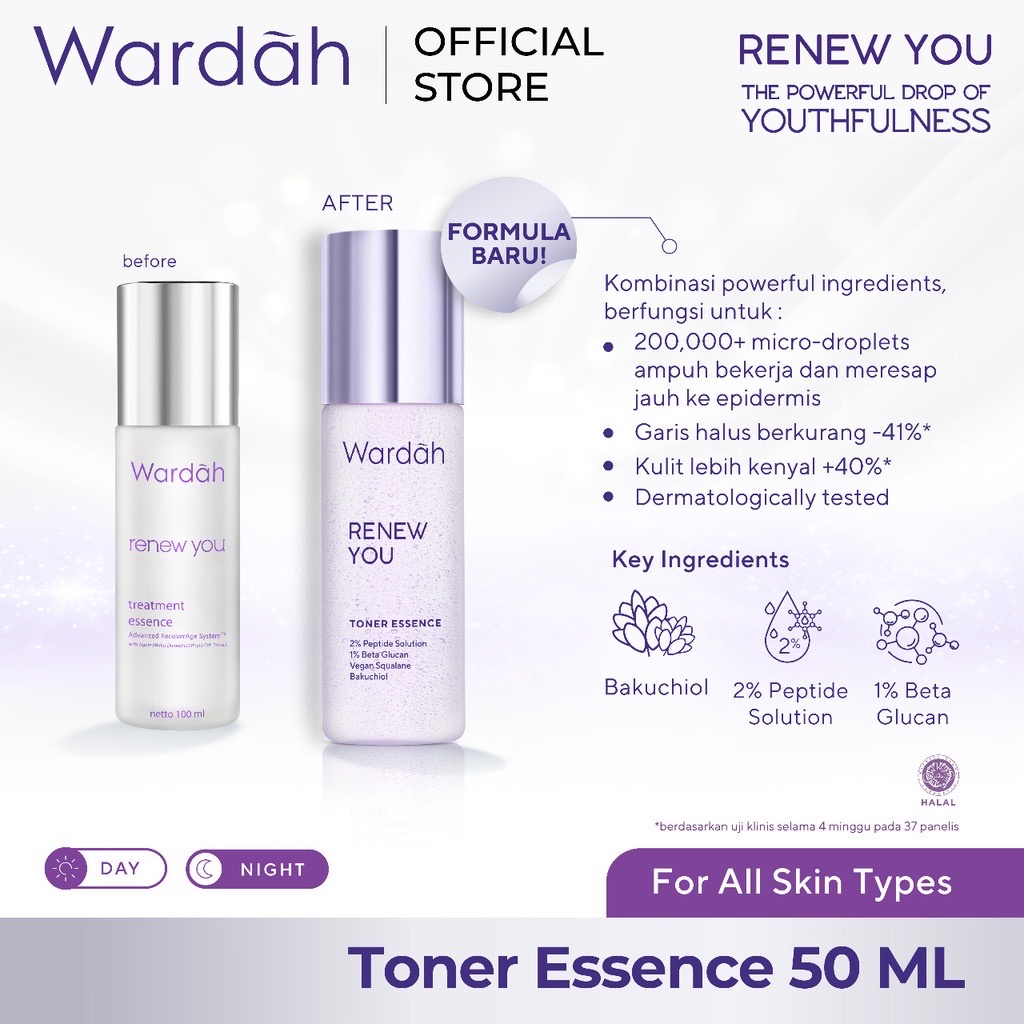 WARDAH Renew You Toner Essence Indonesia / Pelembab Wajah 50ml 100ml / 2% Peptide Solution 1% Beta Glucan Vegan Squalane Bakuchiol / Deeply Hydrate Improve Skin Texture Replump Skin / Skincare Face Care / Menyegarkan Muka / Re New Series / Anti Aging Dini