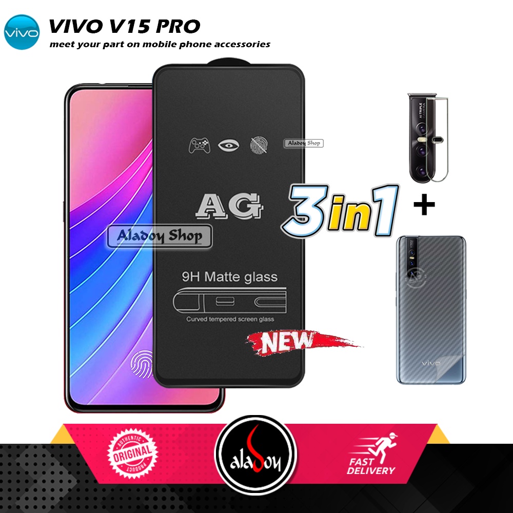 Paket 3IN1 Tempered Glass Layar Matte Anti Glare VIVO V15 PRO Free Tempered Glass Camera dan Skin Carbon