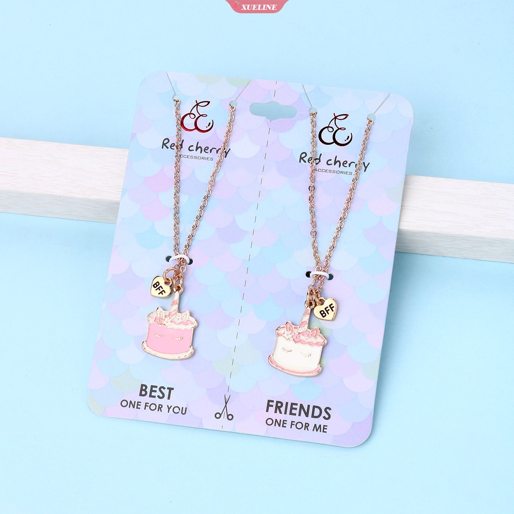 2pcs/set Duawarna Kartun drip Minyak Paduan unicorn Kue Teman Baik Kalung BFF Persahabatan Perhiasan Hadiah Anak [ZXL]