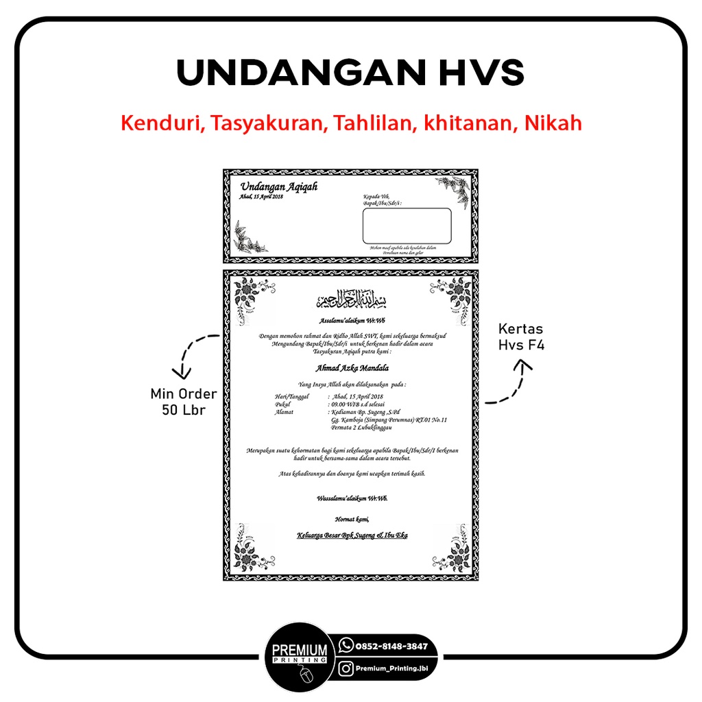 Jual Undangan Kenduri Undangan kertas Hvs putih, Walimatul, Tasyakuran