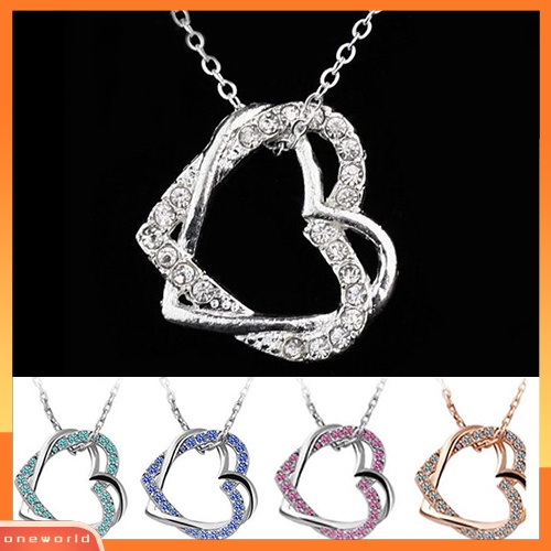 [WONE] Fashion Wanita Perak Berlapis Ganda Hati Berlian Imitasi Liontin Kalung Panjang