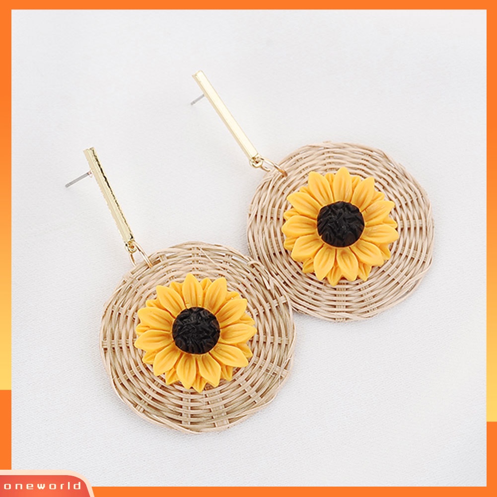 [WONE] Boho Bunga Matahari Rotan Anyaman Bulat Liontin Statement Wanita Stud Earrings Jewelry