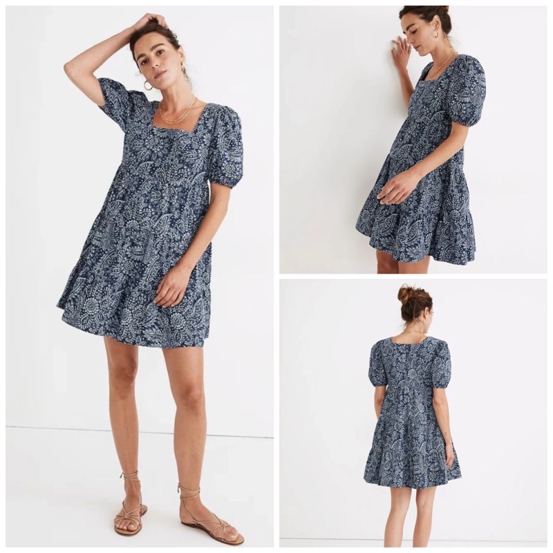 Ready Puff Balloon Sleeve Square Open Neck Navy Mini Midi Cute Sabrina Dress Flowers by Madewell Ori