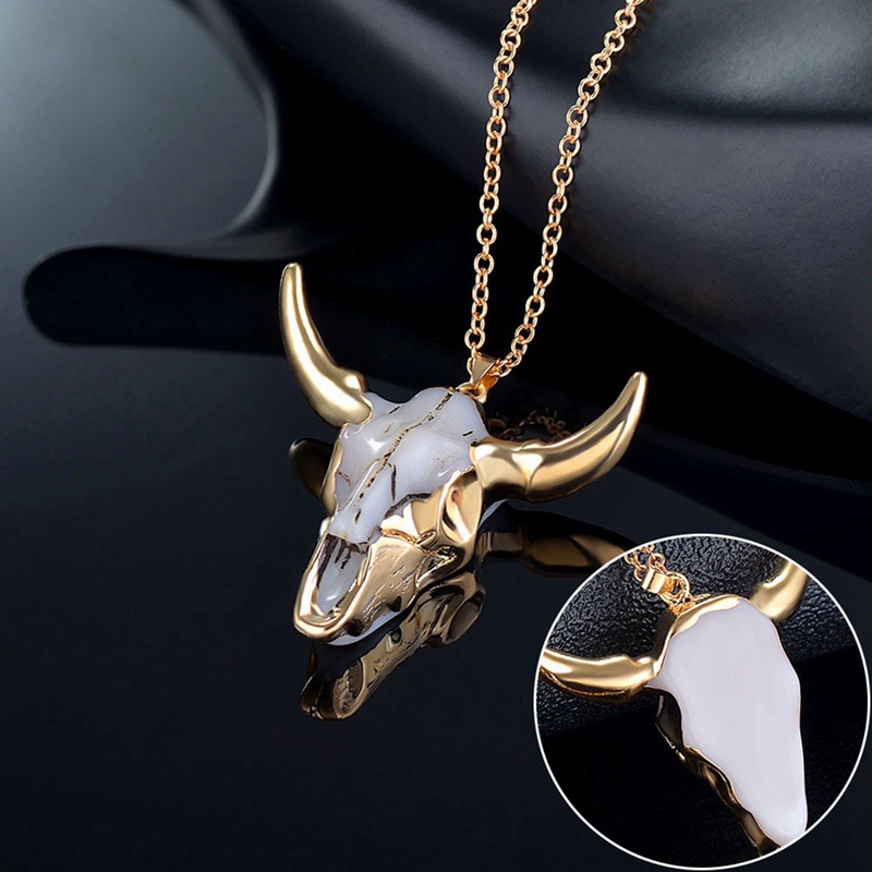 Vintage Banteng Tengkorak Pria Liontin Kalung Emas 18 K Dibungkus Permata Kerbau Sapi Amerika Barat Nasional Gaya Denim Perhiasan