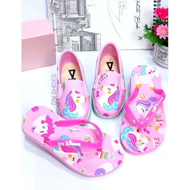 Sepatu Anak Perempuan Paket Sepatu dan Sandal Anak Perempuan Sepatu Sandal Jepit Anak Karakter unicorn pink cute