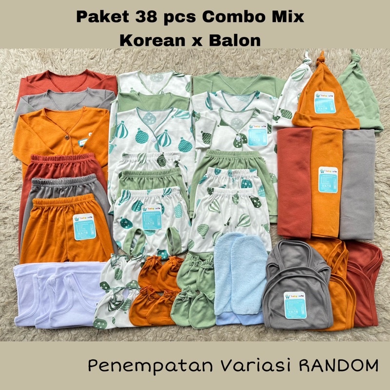 38pc Paket Komplit Combo Mix Korean balon Perlengkapan Baju Bayi celana kado sarung tangan waslap singlet Baru lahir SNI Promo 8.8