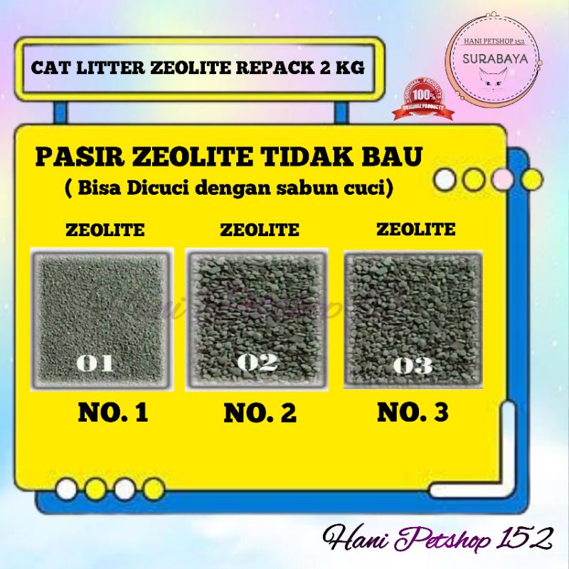 PASIR KUCING ZEOLITE NO.1 LEMBUT ,NO.2 HALUS ,NO.3 KASAR REPACK 2 LITER MURAH