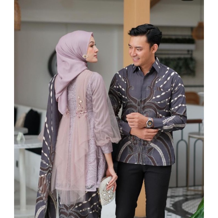 BATIK EXPRESS- Batik Couple Juwita Kebaya Modern Baju Couple Pasangan Kebaya Kondangan Wisuda - Couple Batik Brukat Tulle Mutiara - Outfit Kondangan Kekinian Madina Couple