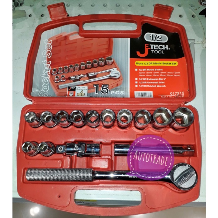 KUNCI SOK MOBIL 15 PCS 1/2"DR SOCKET SET METRIC J TECH TOOL