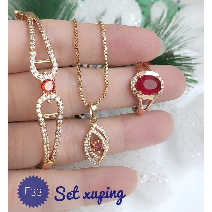 XUPED Set Perhiasan Lapis Emas Xuping Gelang Ring Cincin Anting Kalung Liontin Permata Merah Gold Ti